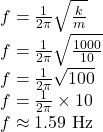  f = \frac{1}{2\pi} \sqrt{\frac{k}{m}} \\ f = \frac{1}{2\pi} \sqrt{\frac{1000}{10}} \\ f = \frac{1}{2\pi} \sqrt{100} \\ f = \frac{1}{2\pi} \times 10 \\ f \approx 1.59 \text{ Hz} 